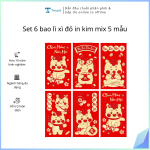 Set 6 bao lì xì đỏ in kim mix 5 mẫu (Kiện 280 set)